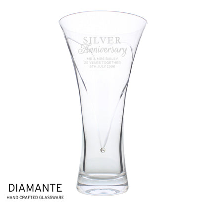 Personalised Silver Anniversary Large Hand Cut Diamante Heart Vase