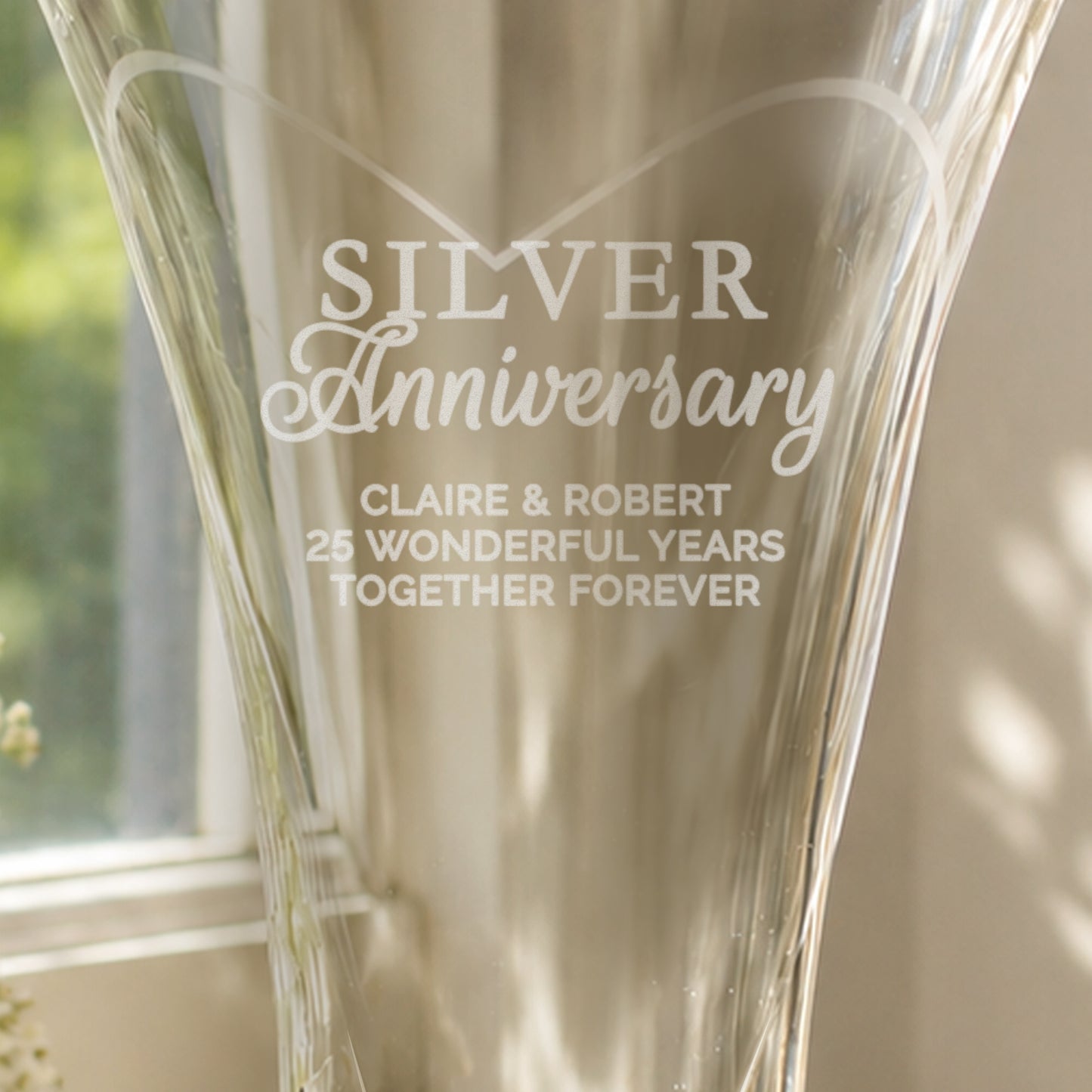 Personalised Silver Anniversary Large Hand Cut Diamond Effect Heart Vase