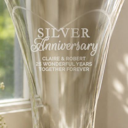 Personalised Silver Anniversary Large Hand Cut Diamond Effect Heart Vase