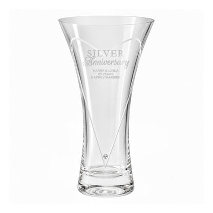 Personalised Silver Anniversary Large Hand Cut Diamond Effect Heart Vase