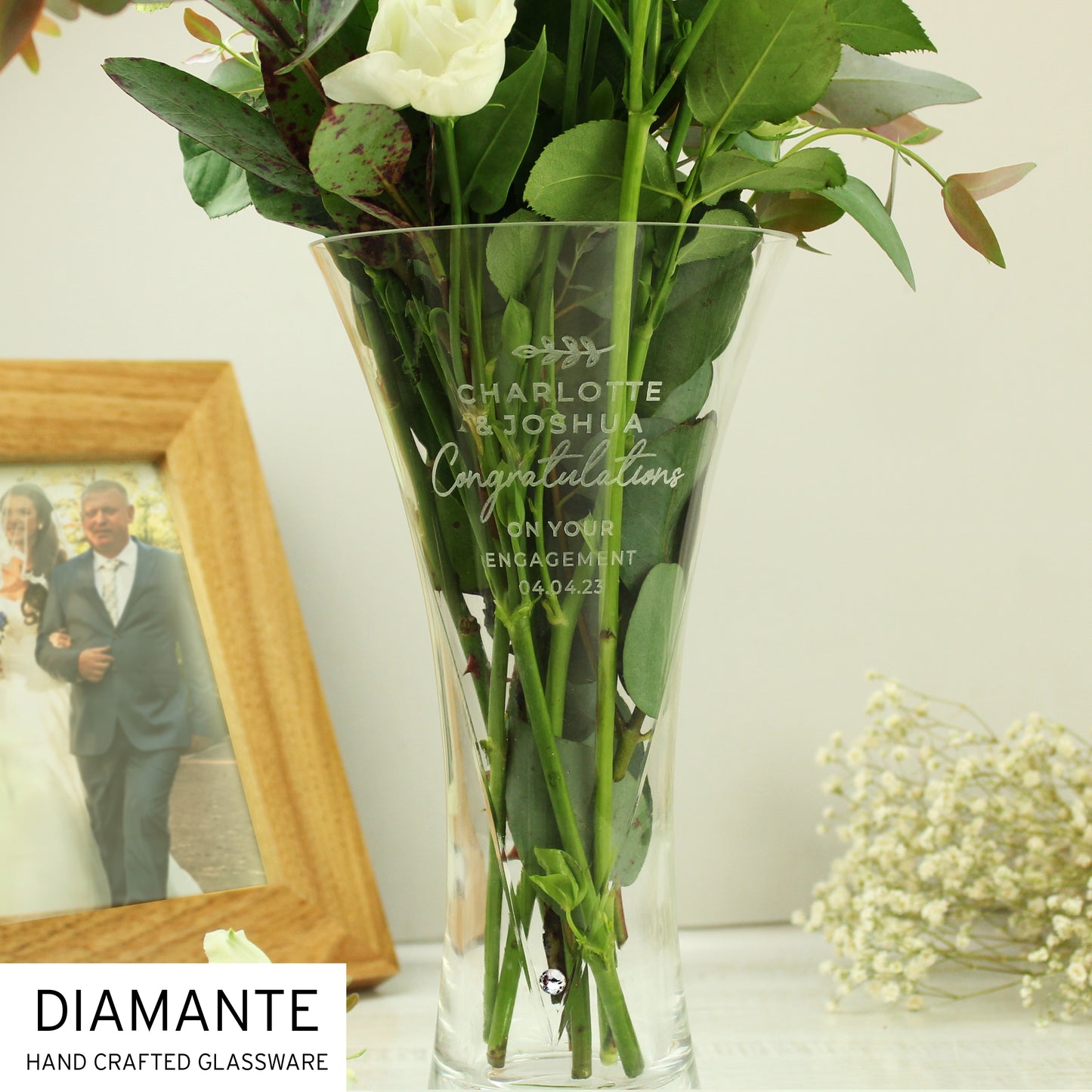 Personalised Free Text Botanical Hand Cut Diamante Heart Vase