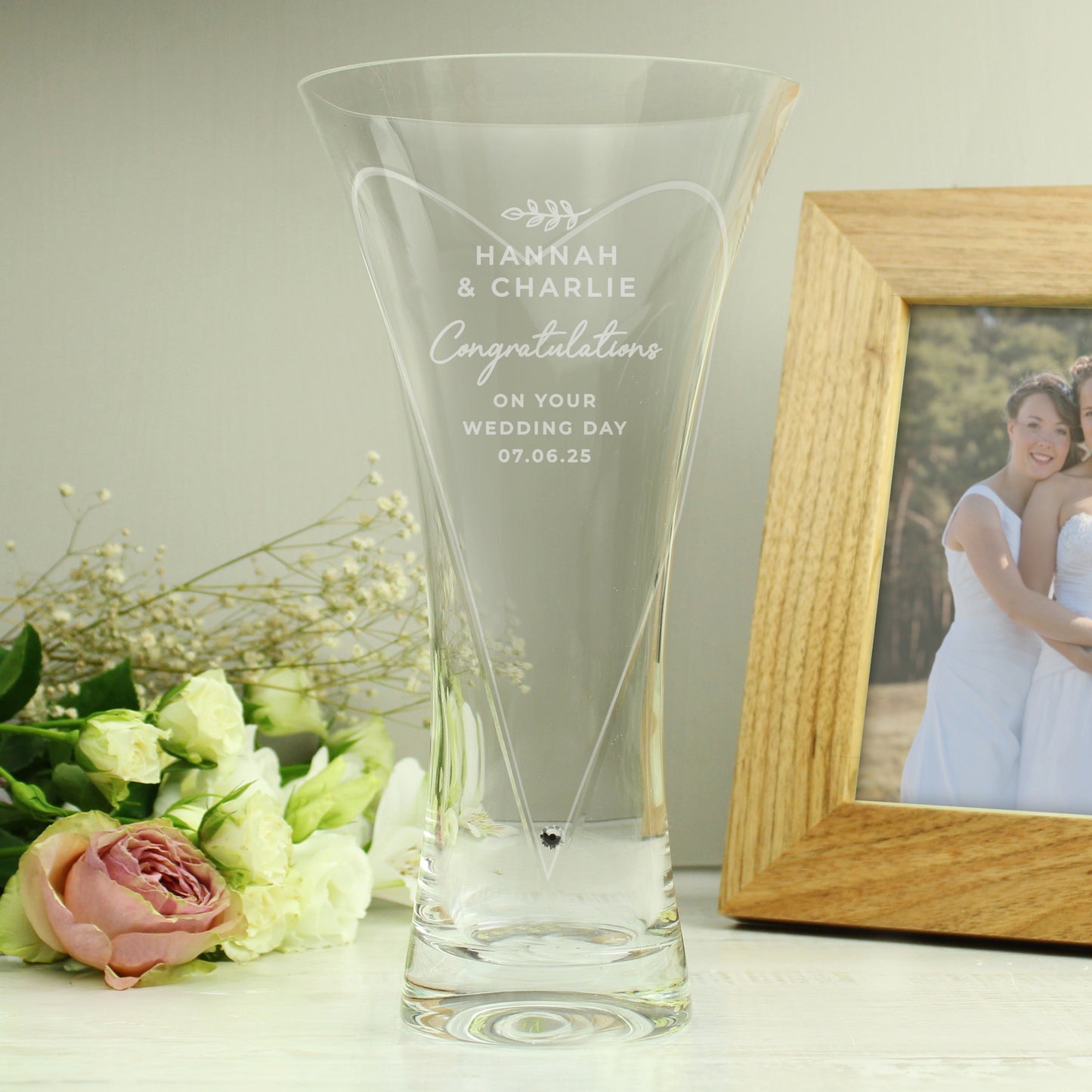 Personalised Leaf Motif Hand Cut Diamond Effect Heart Vase