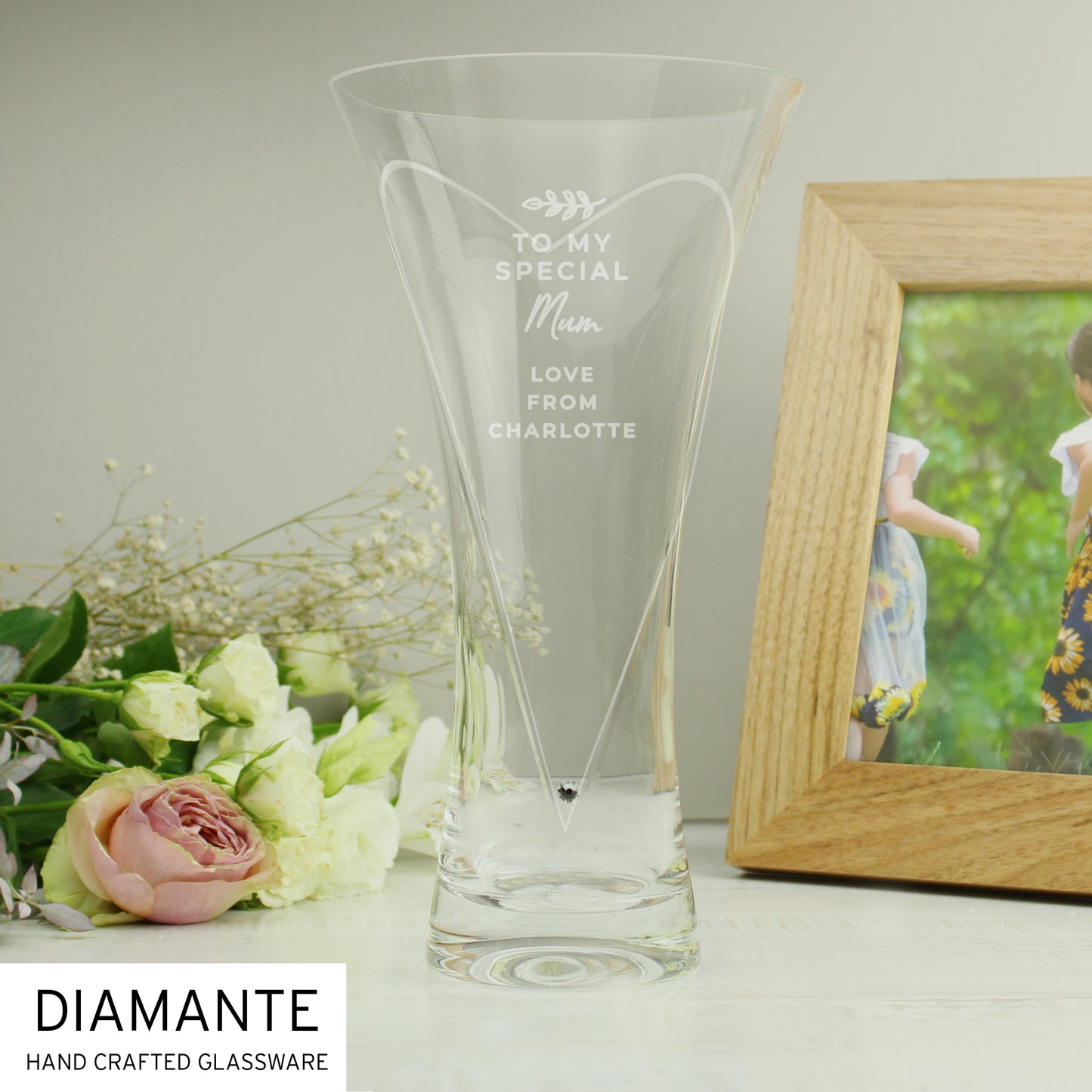 Personalised Free Text Botanical Hand Cut Diamante Heart Vase