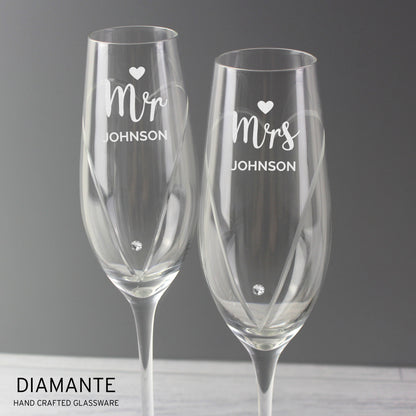 Personalised Hand Cut Mr & Mrs Pair of Flutes in Gift Box