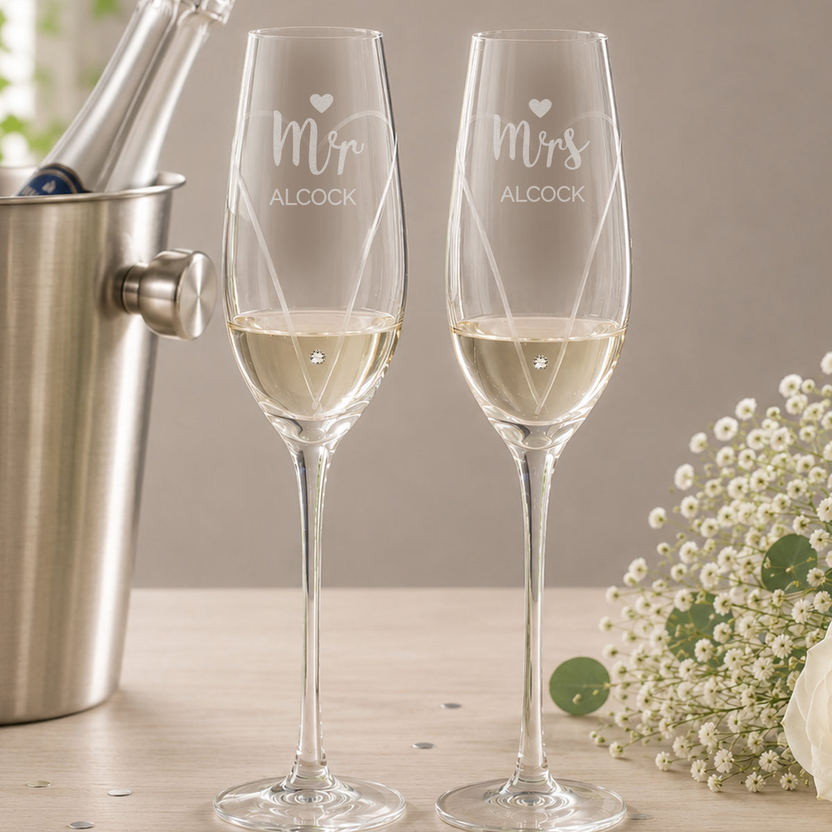 Personalised Hand Cut Mr & Mrs Pair of Flutes in Gift Box