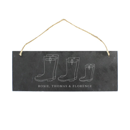 Personalised Welly Boot Family of Three Hanging Slate Plaque