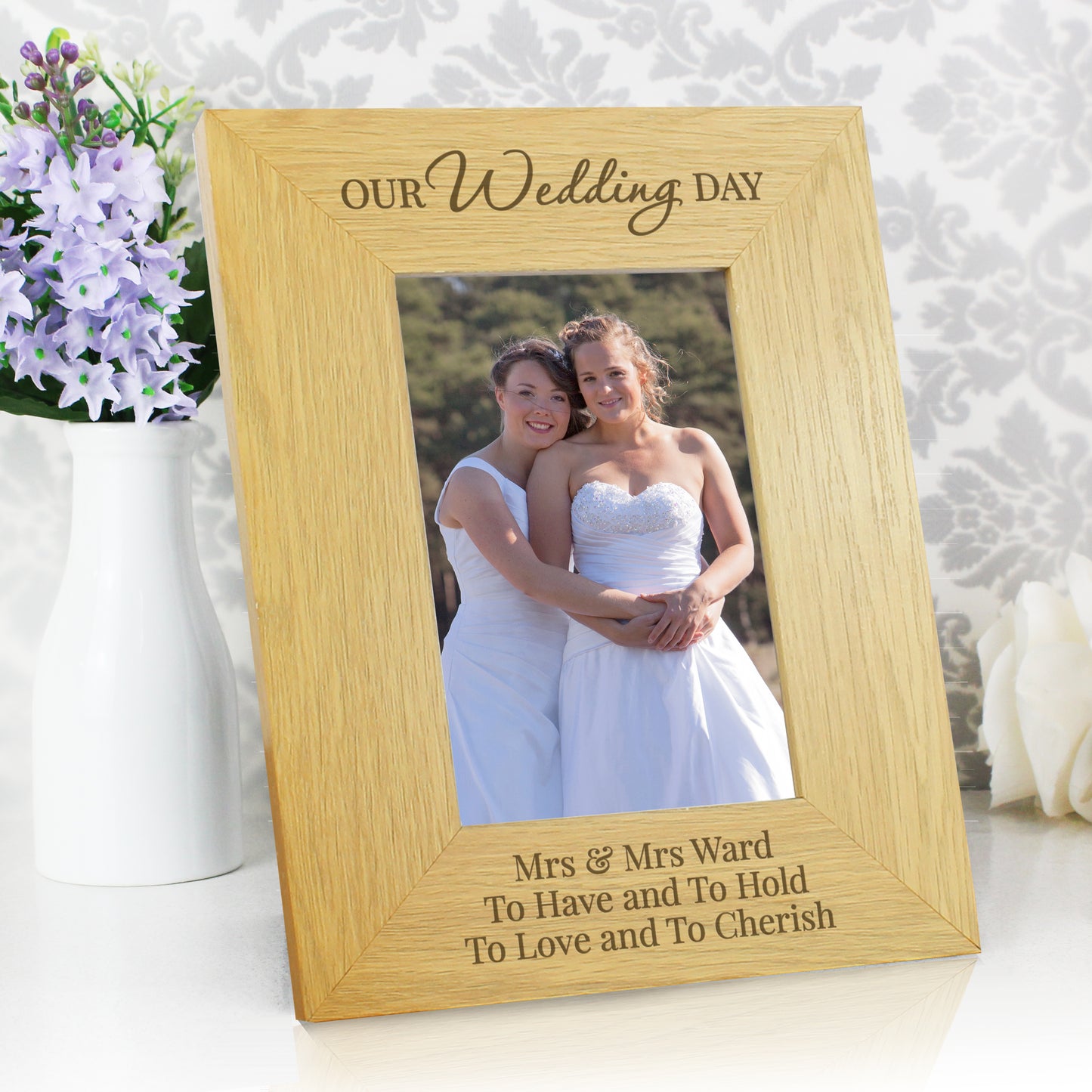 Personalised Our Wedding Day 6x4 Oak Finish Photo Frame