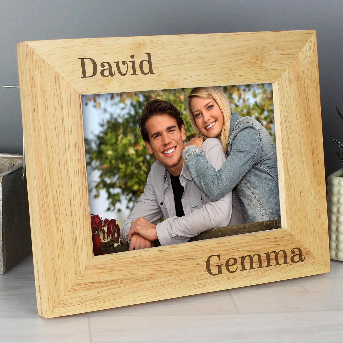 Personalised Couples 5x7 Landscape Oak Finish Photo Frame