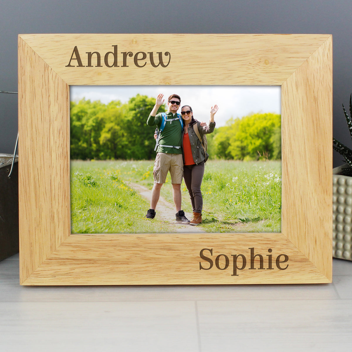 Personalised Couples 5x7 Landscape Oak Finish Photo Frame