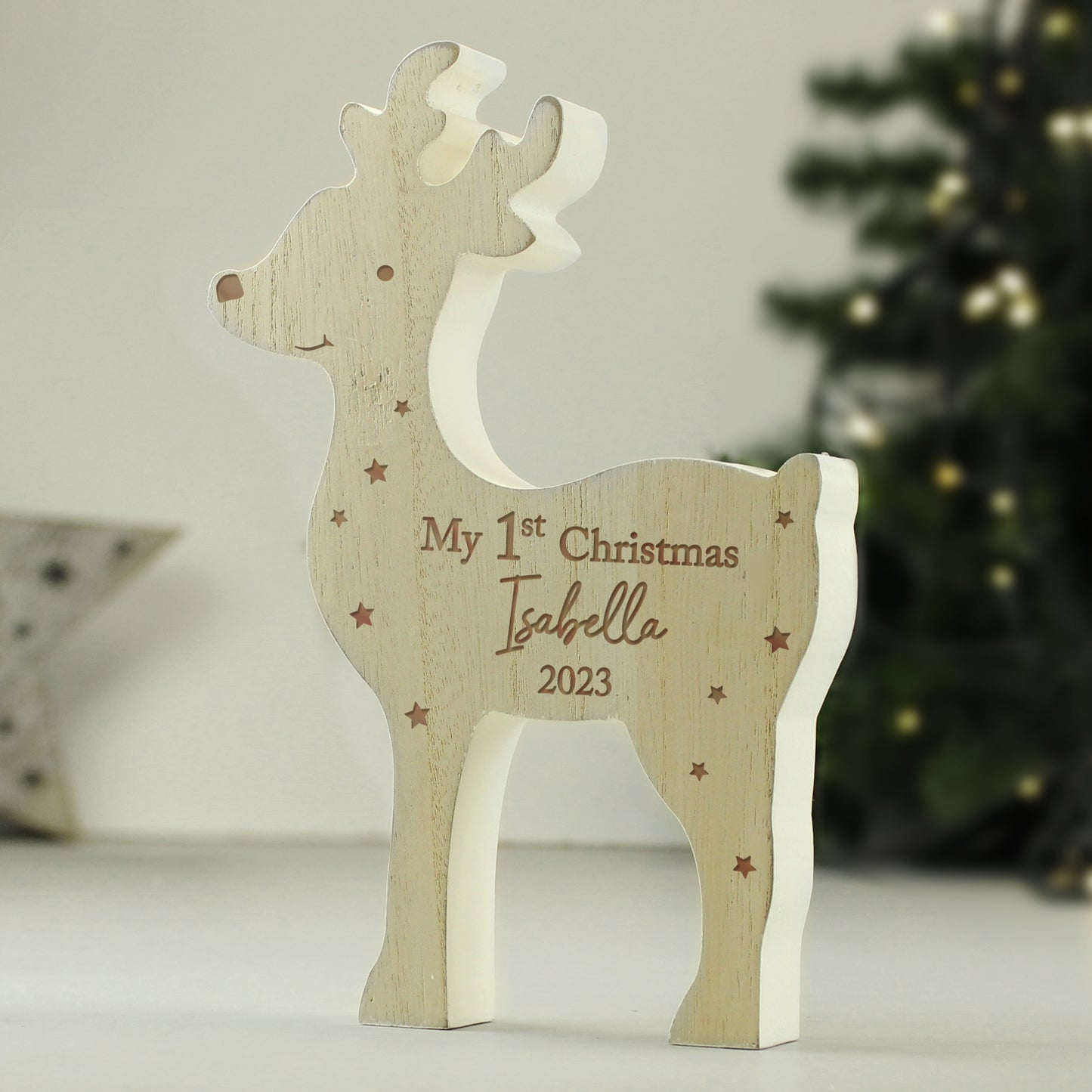 Personalised '1st Christmas' Rustic Wooden Reindeer Decoration