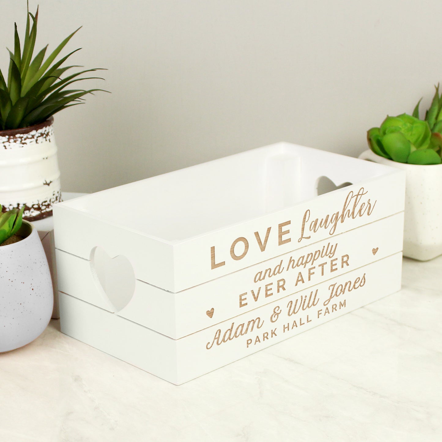 Personalised Love Laughter & ... White Wooden Crate