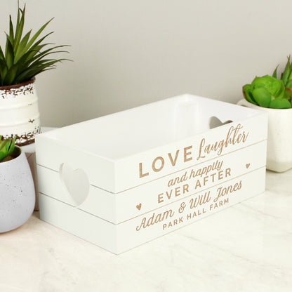 Personalised Love Laughter & ... White Wooden Crate