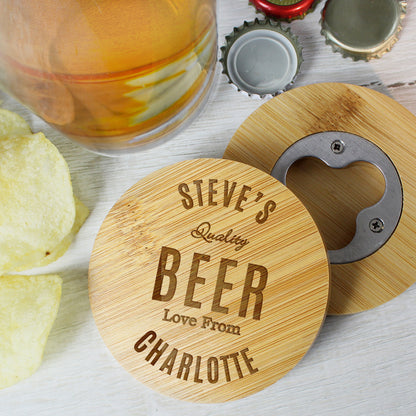 Personalised Free Text Bamboo Bottle Opener Coaster