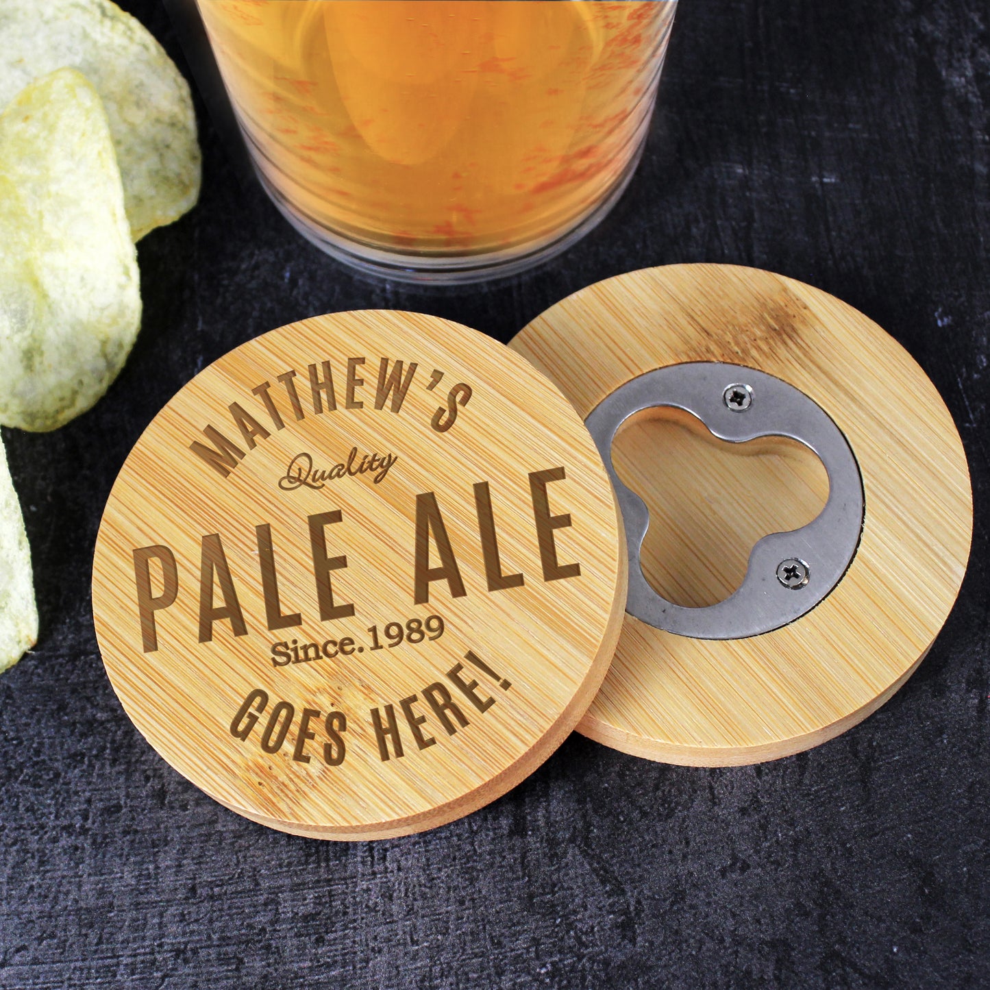 Personalised Free Text Bamboo Bottle Opener Coaster