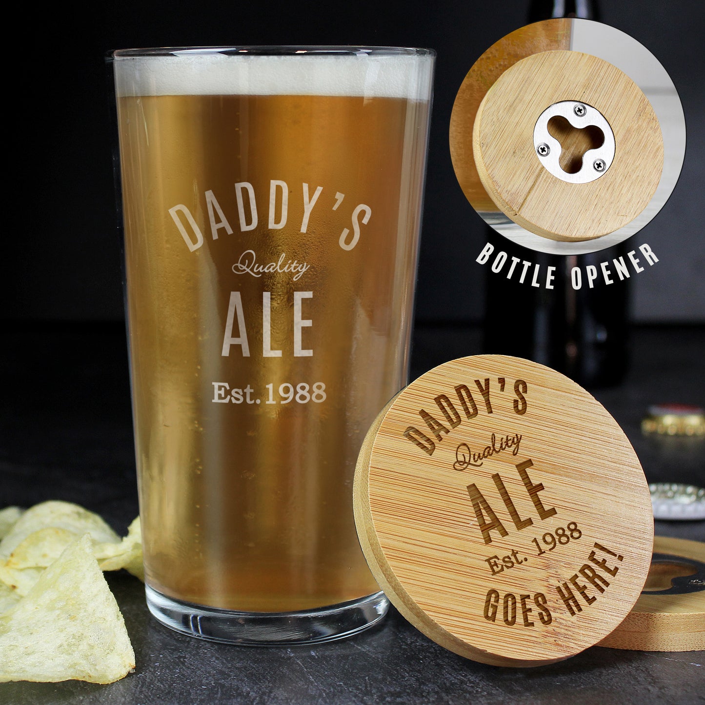 Personalised Free Text Bamboo Bottle Opener Coaster and Pint Glass