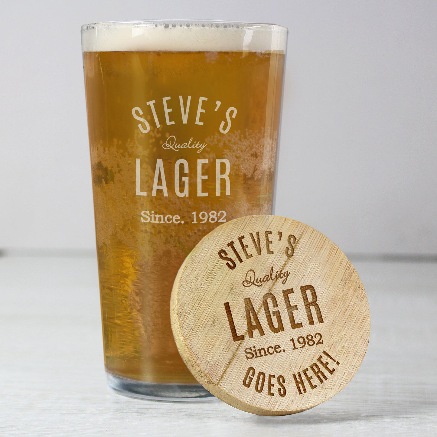 Personalised Free Text Bamboo Bottle Opener Coaster and Pint Glass