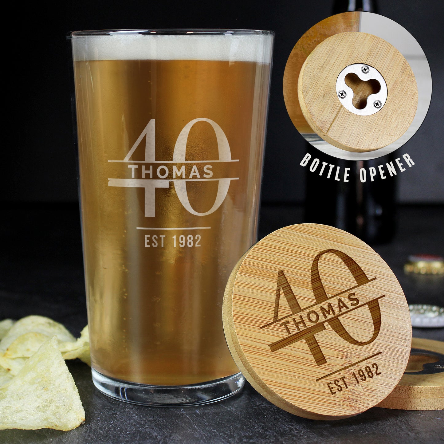 Personalised Big Age Bamboo Bottle Opener Coaster and Pint Glass Set