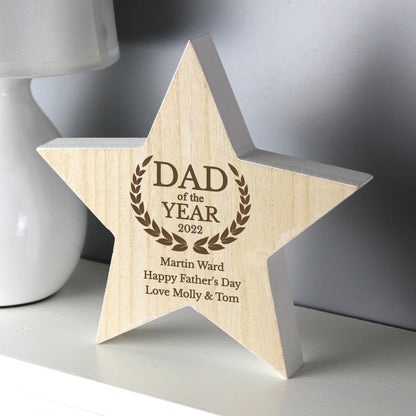 Personalised Dad of the Year Rustic Wooden Star Decoration