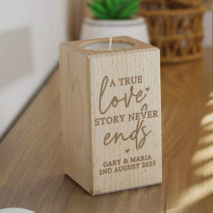 Personalised Love Story Wooden Tealight Holder