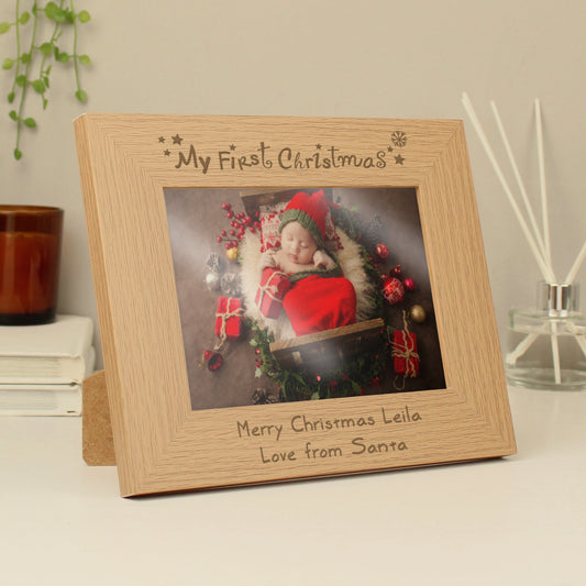 Personalised My First Christmas 5x7 Landscape Oak Finish Photo Frame