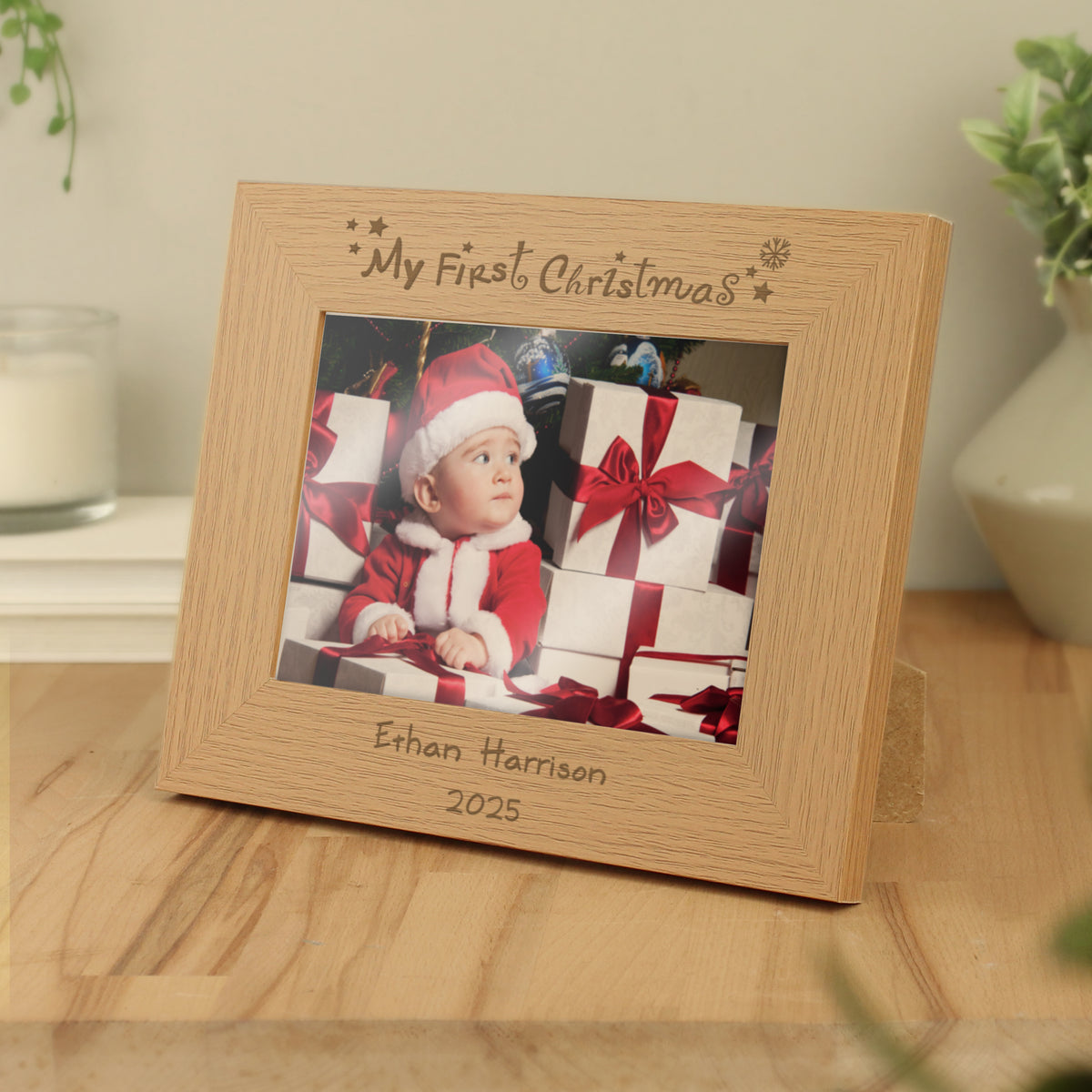 Personalised My First Christmas 5x7 Landscape Oak Finish Photo Frame