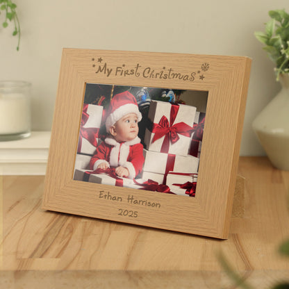 Personalised My First Christmas 5x7 Landscape Oak Finish Photo Frame