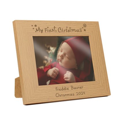 Personalised My First Christmas 5x7 Landscape Oak Finish Photo Frame
