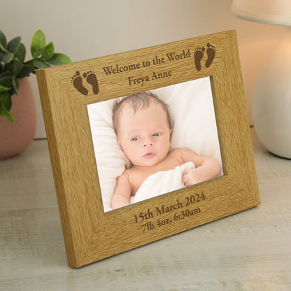 Personalised Oak Finish 6x4 Landscape Baby Footprints Photo Frame