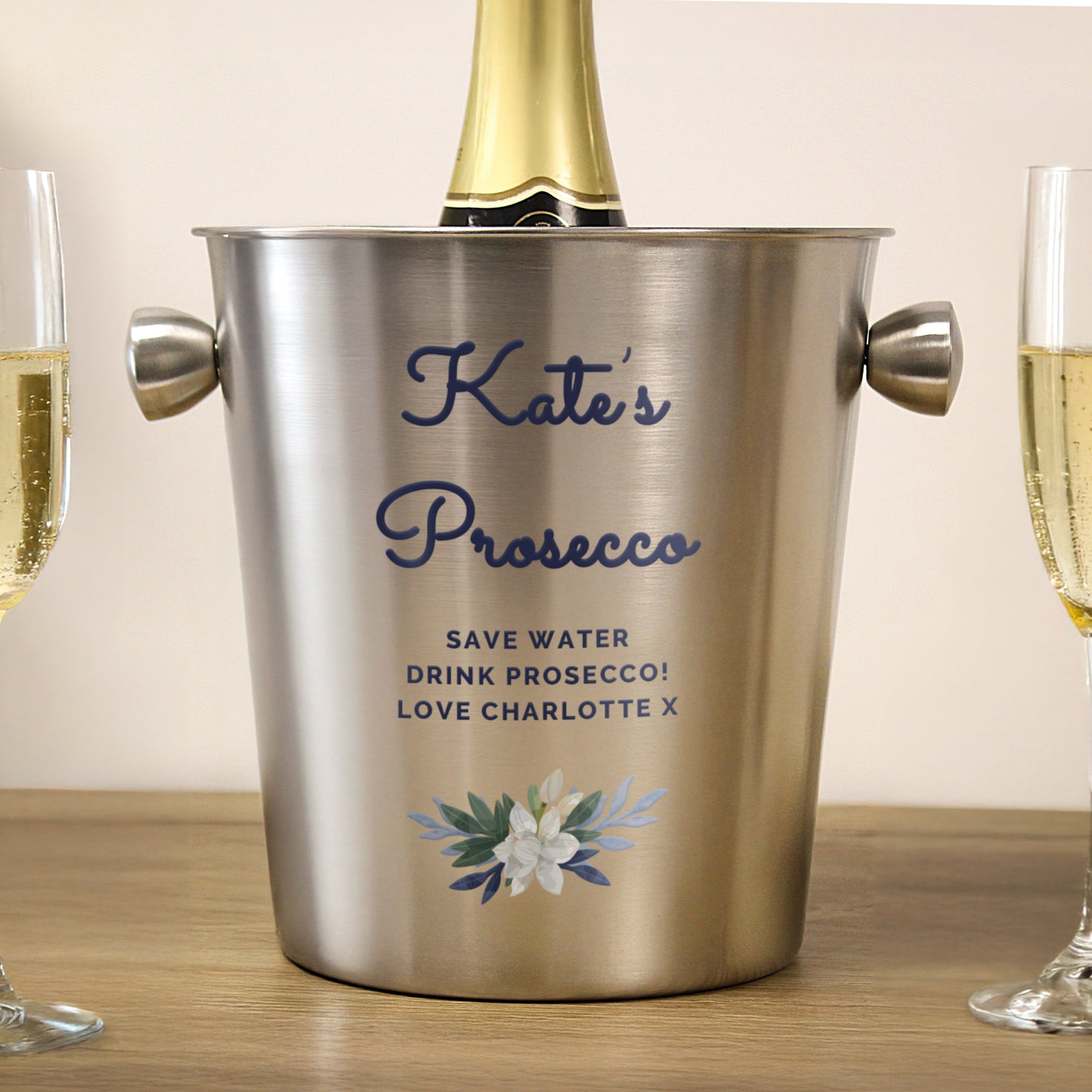 Personalised Blue Floral Stainless Steel Ice Bucket