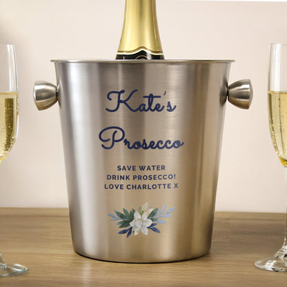 Personalised Blue Floral Stainless Steel Ice Bucket