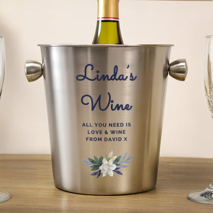Personalised Blue Floral Stainless Steel Ice Bucket