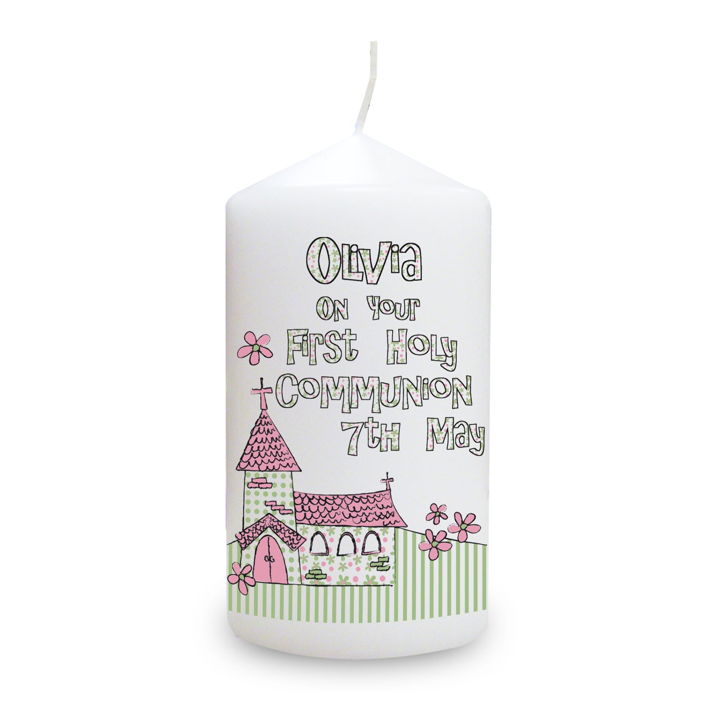 Personalised Whimsical Church Pink 1st Holy Communion Pillar Candle