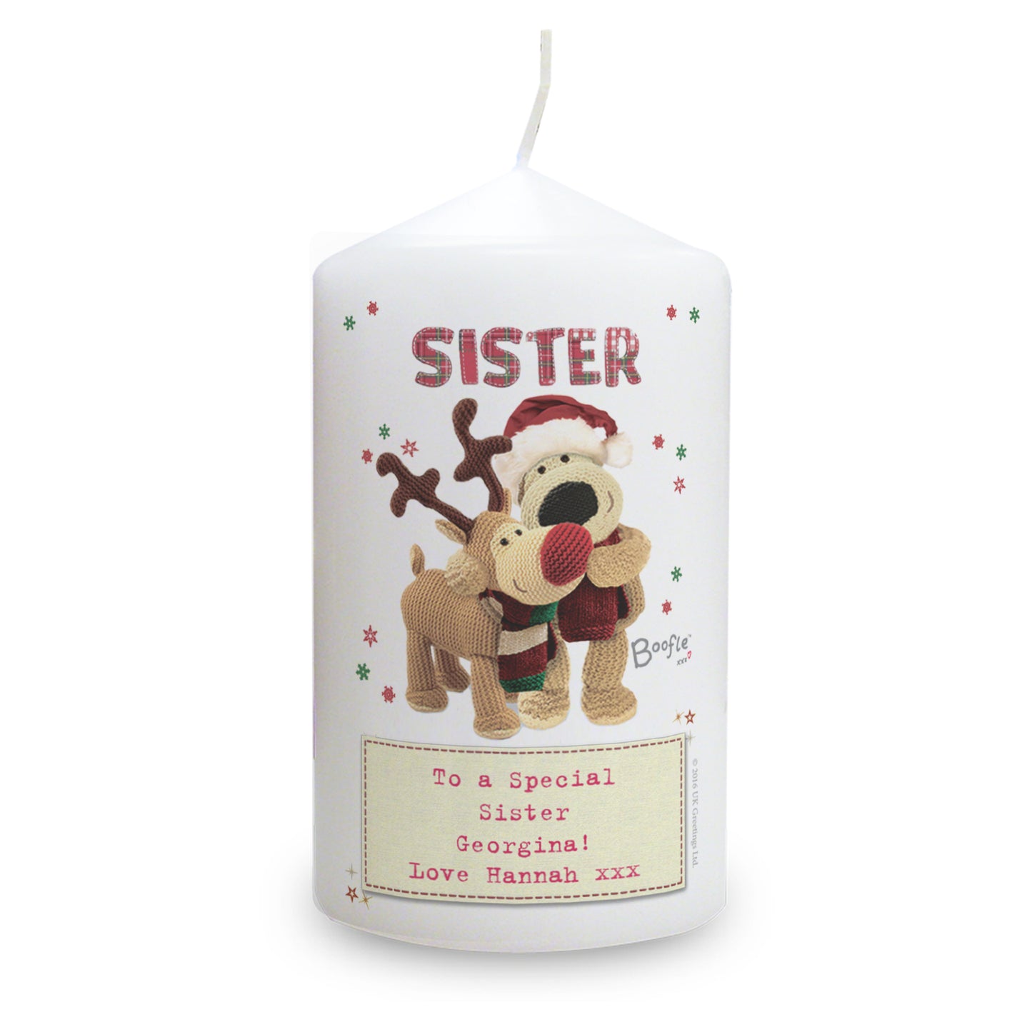 Personalised Boofle Christmas Reindeer Pillar Candle