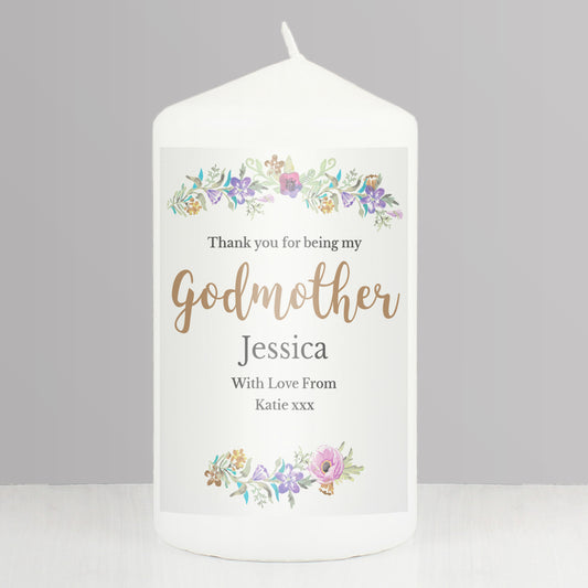 Personalised Godmother 'Floral Watercolour' Pillar Candle