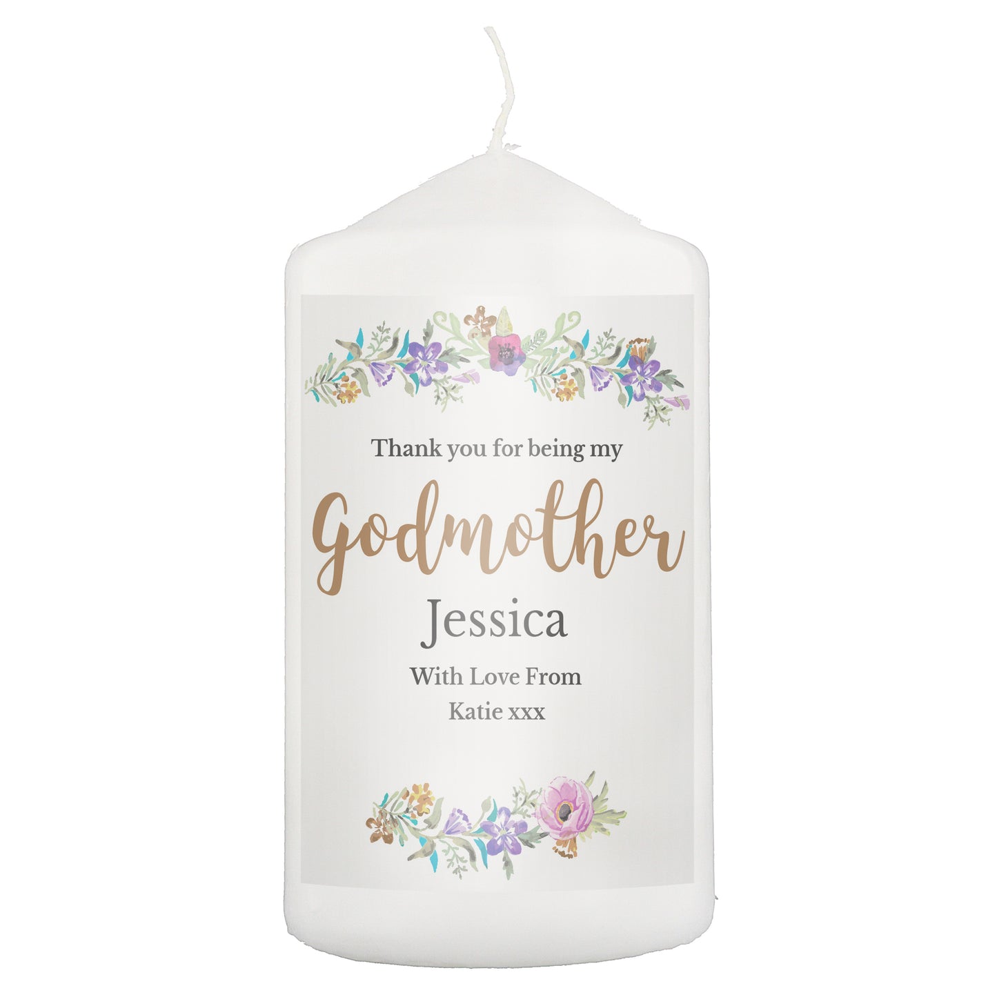 Personalised Godmother 'Floral Watercolour' Pillar Candle