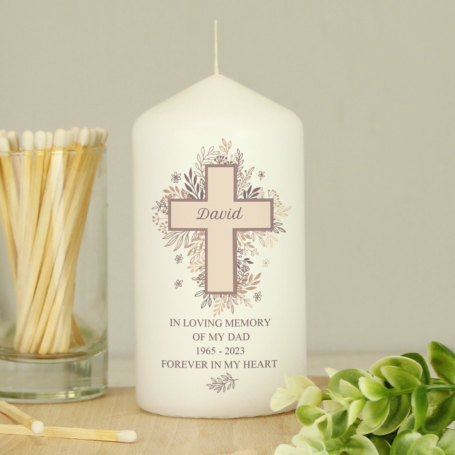 Personalised Floral Cross Pillar Candle