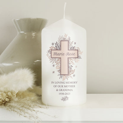 Personalised Floral Cross Pillar Candle