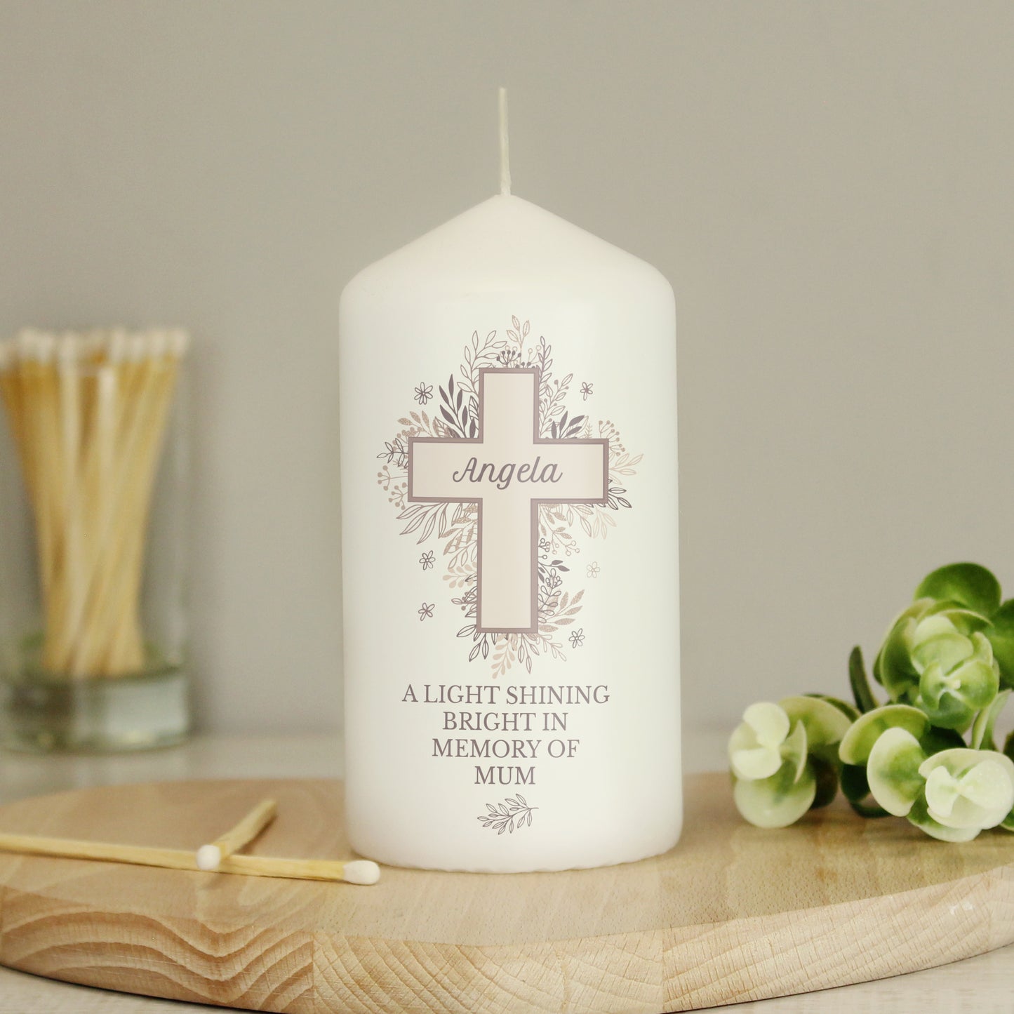 Personalised Floral Cross Pillar Candle