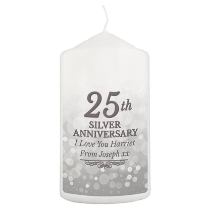 Personalised 25th Silver Anniversary Pillar Candle