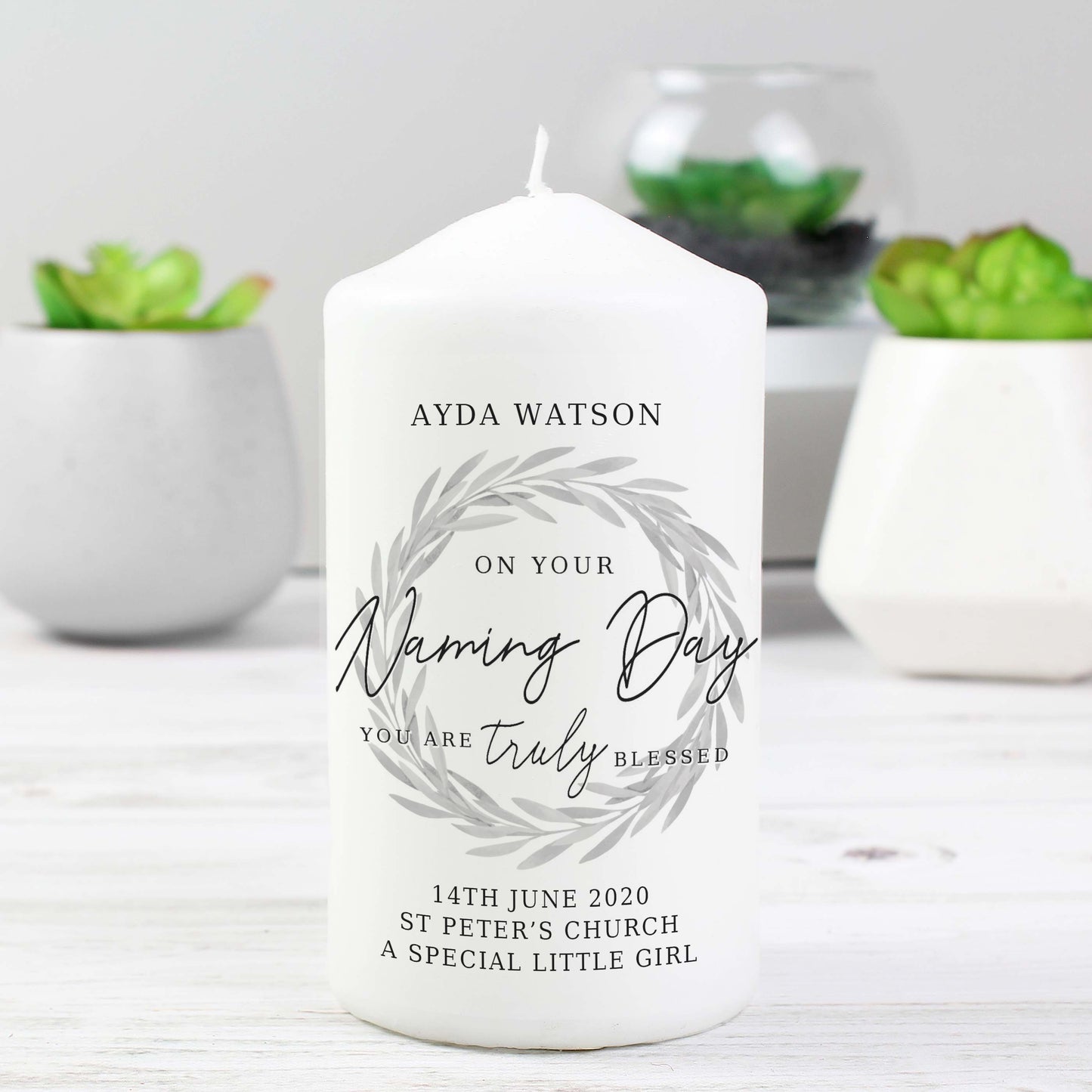 Personalised Truly Blessed Naming Day Pillar Candle