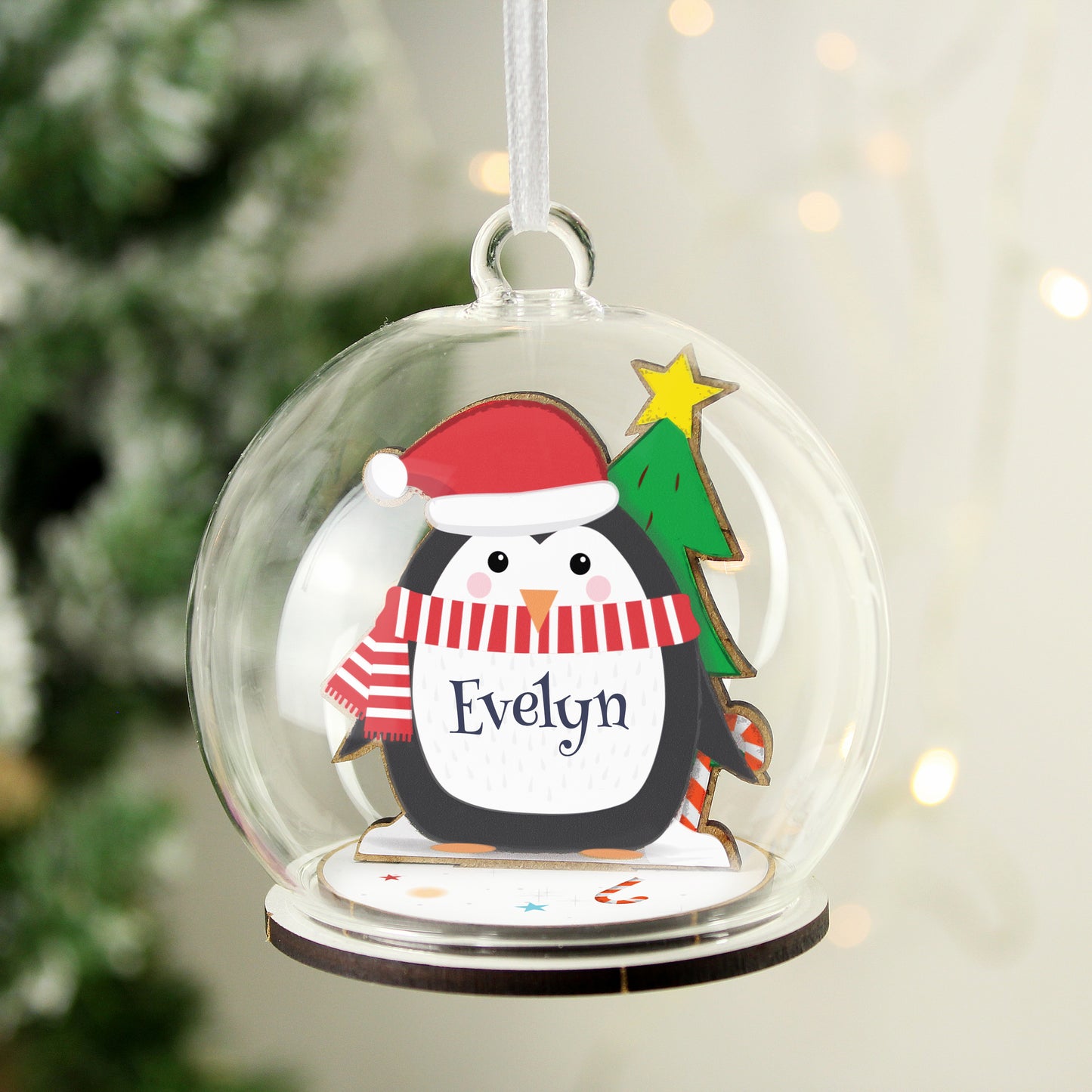 Personalised Wooden Penguin Glass Bauble