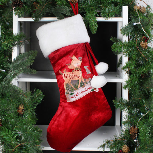 Personalised Festive Fawn Luxury Red Stocking