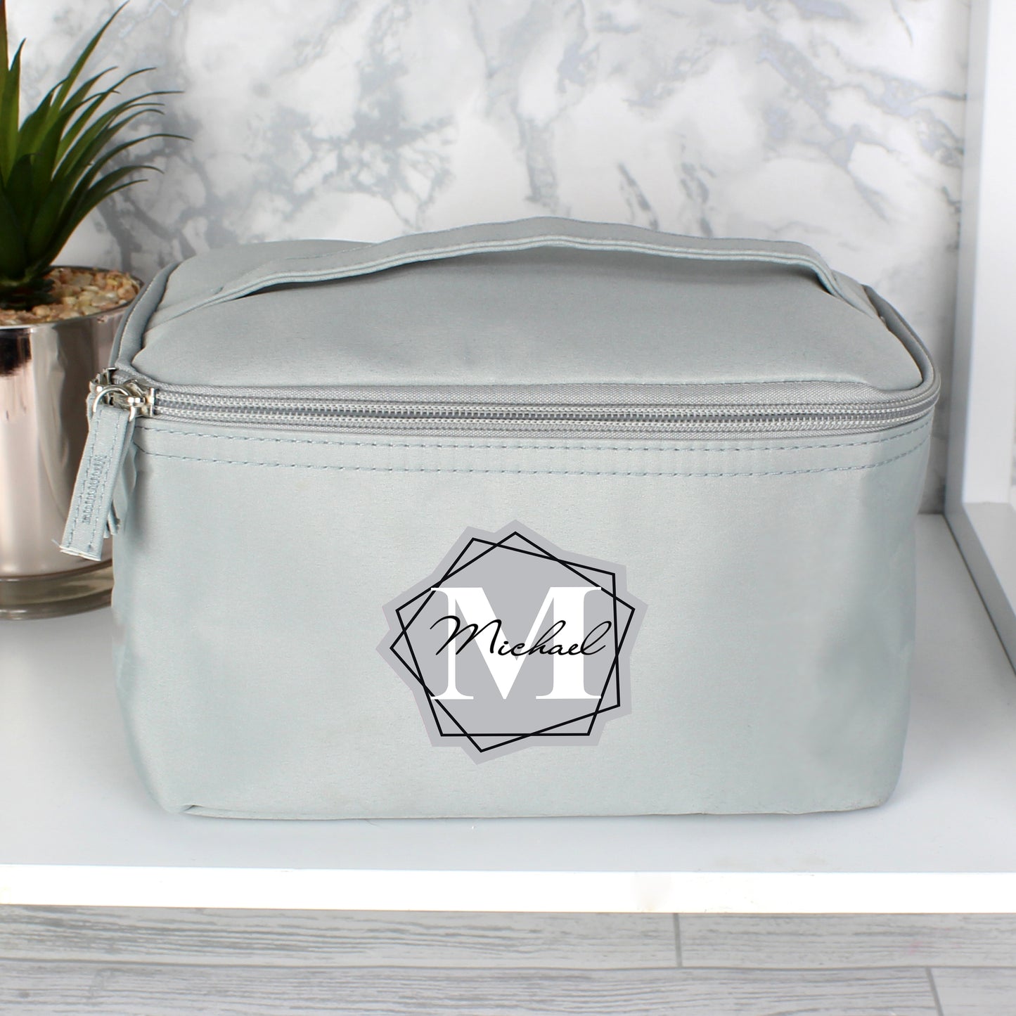 Personalised Geometric Initial Grey Toiletry Bag