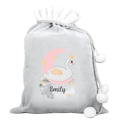 Personalised Swan Lake Luxury Silver Grey Pom Pom Sack