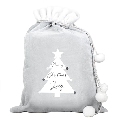 Personalised Christmas Tree Luxury Silver Grey Pom Pom Sack