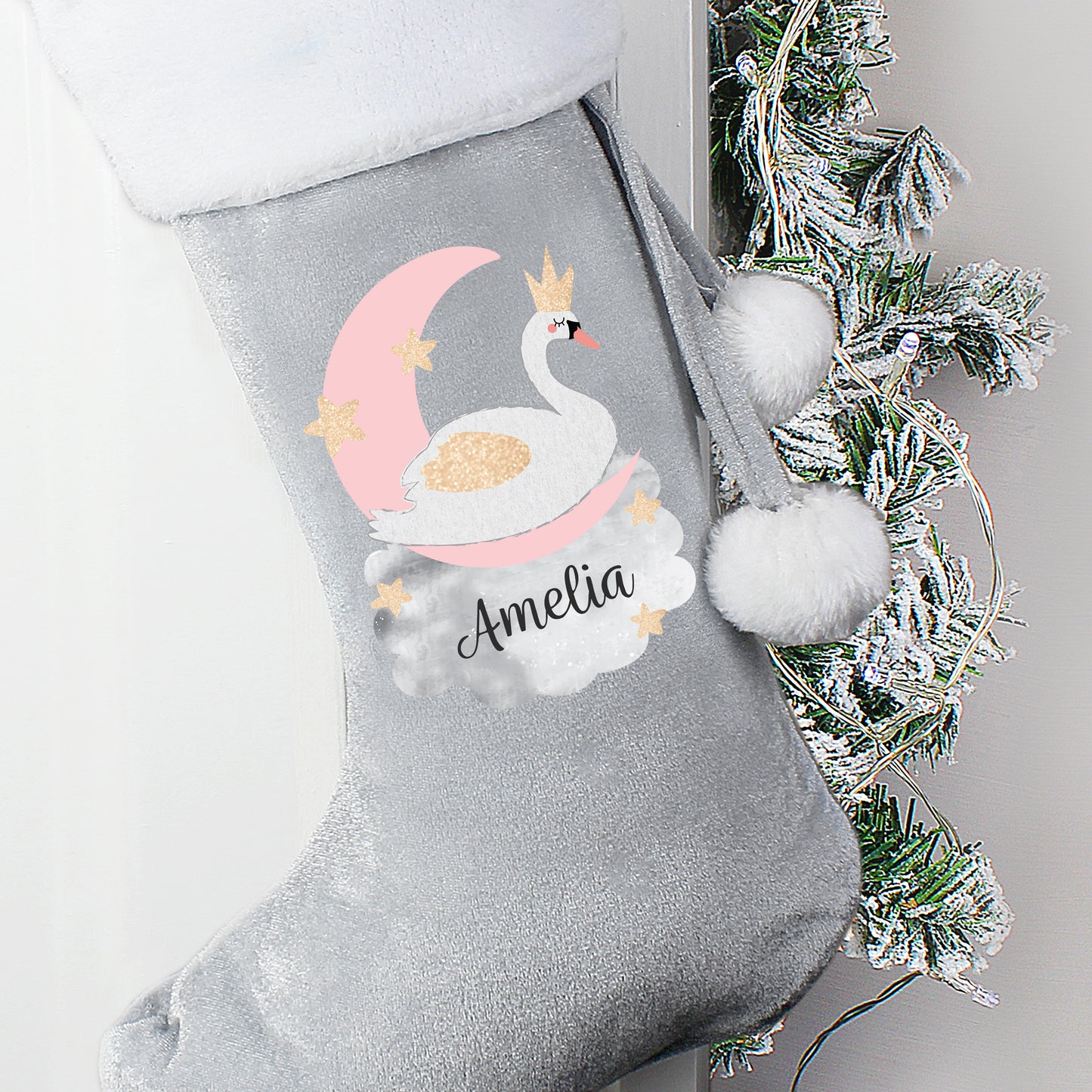 Personalised Swan Lake Luxury Silver Grey Stocking