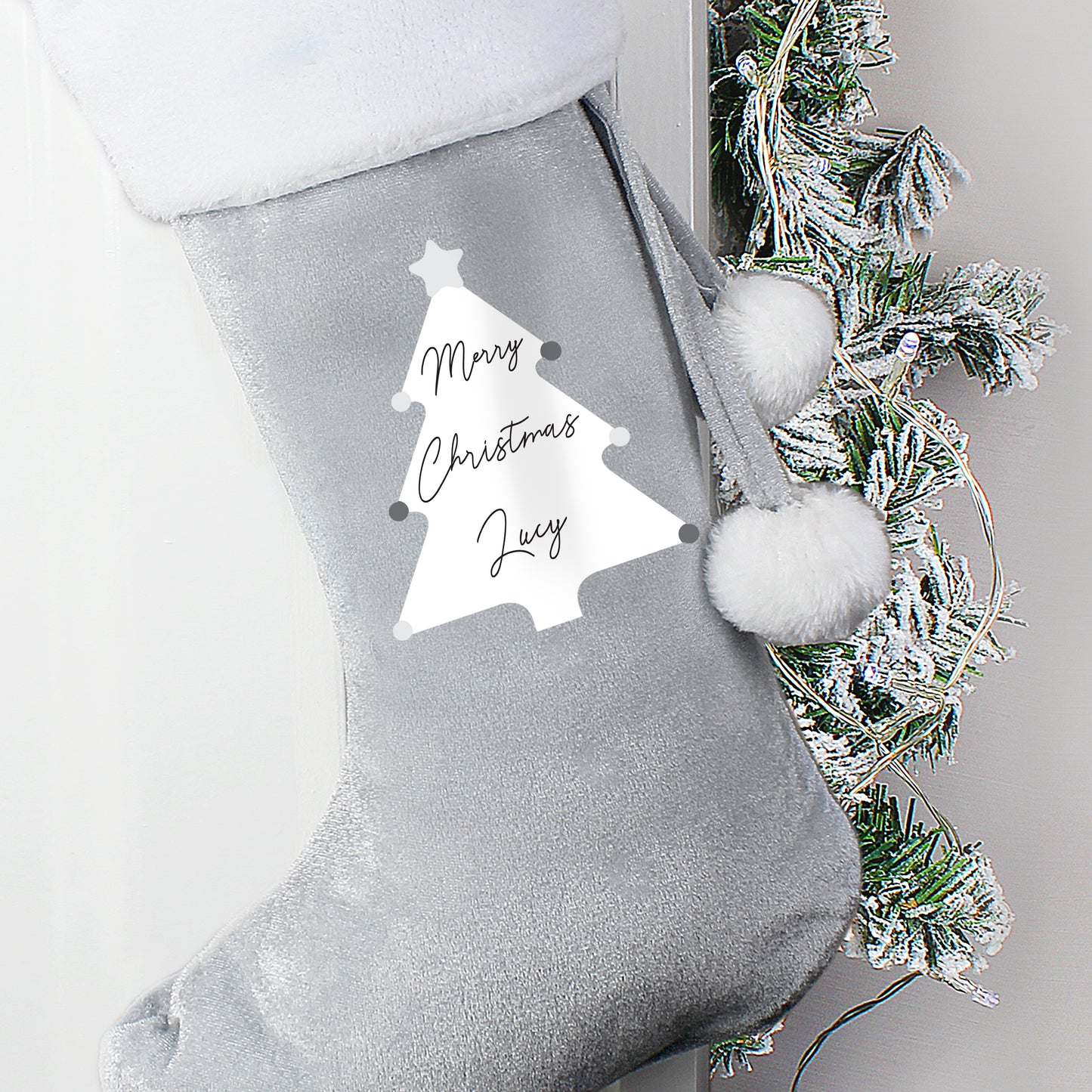 Personalised Christmas Tree Luxury Silver Grey Stocking