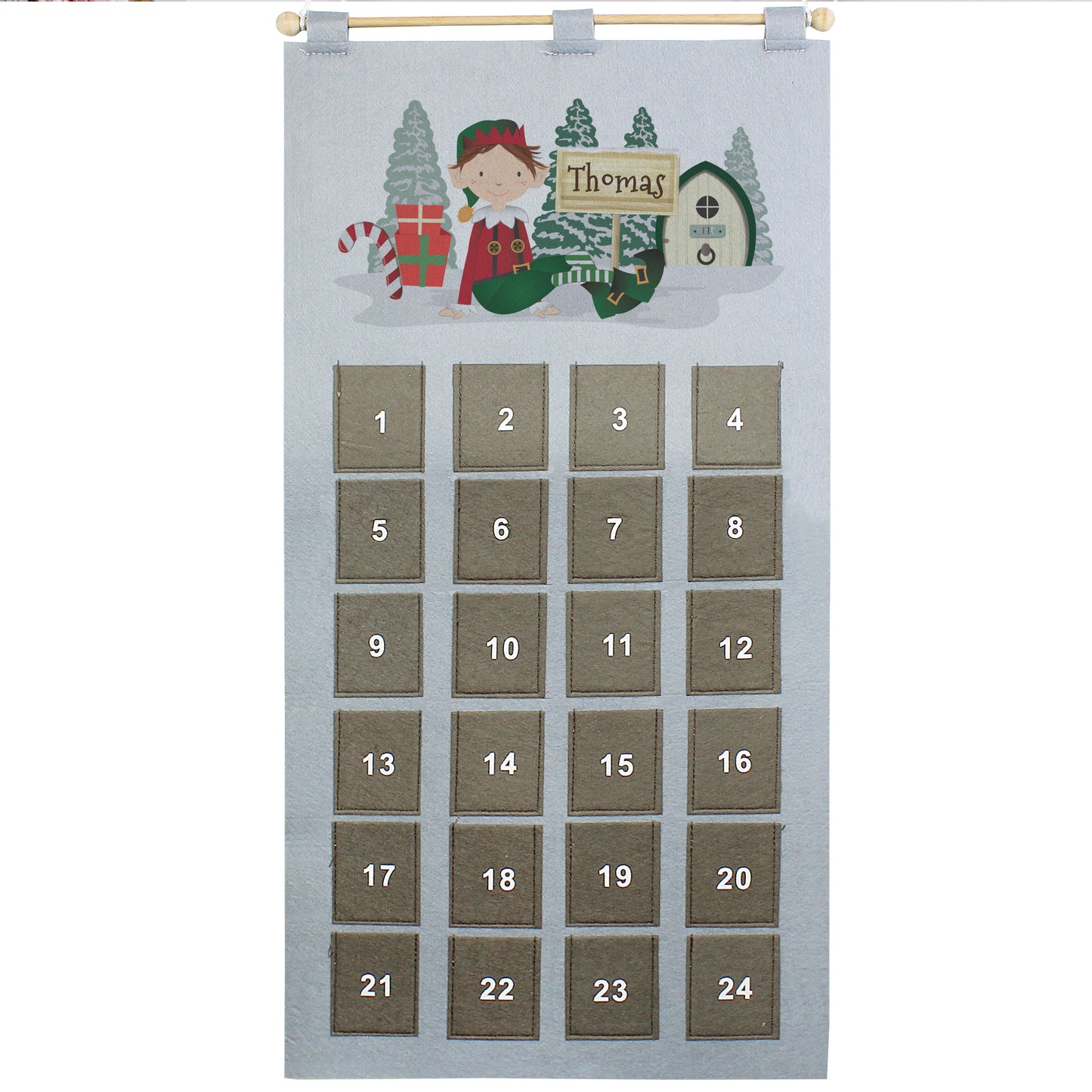 Personalised Elf Advent Calendar In Silver Grey