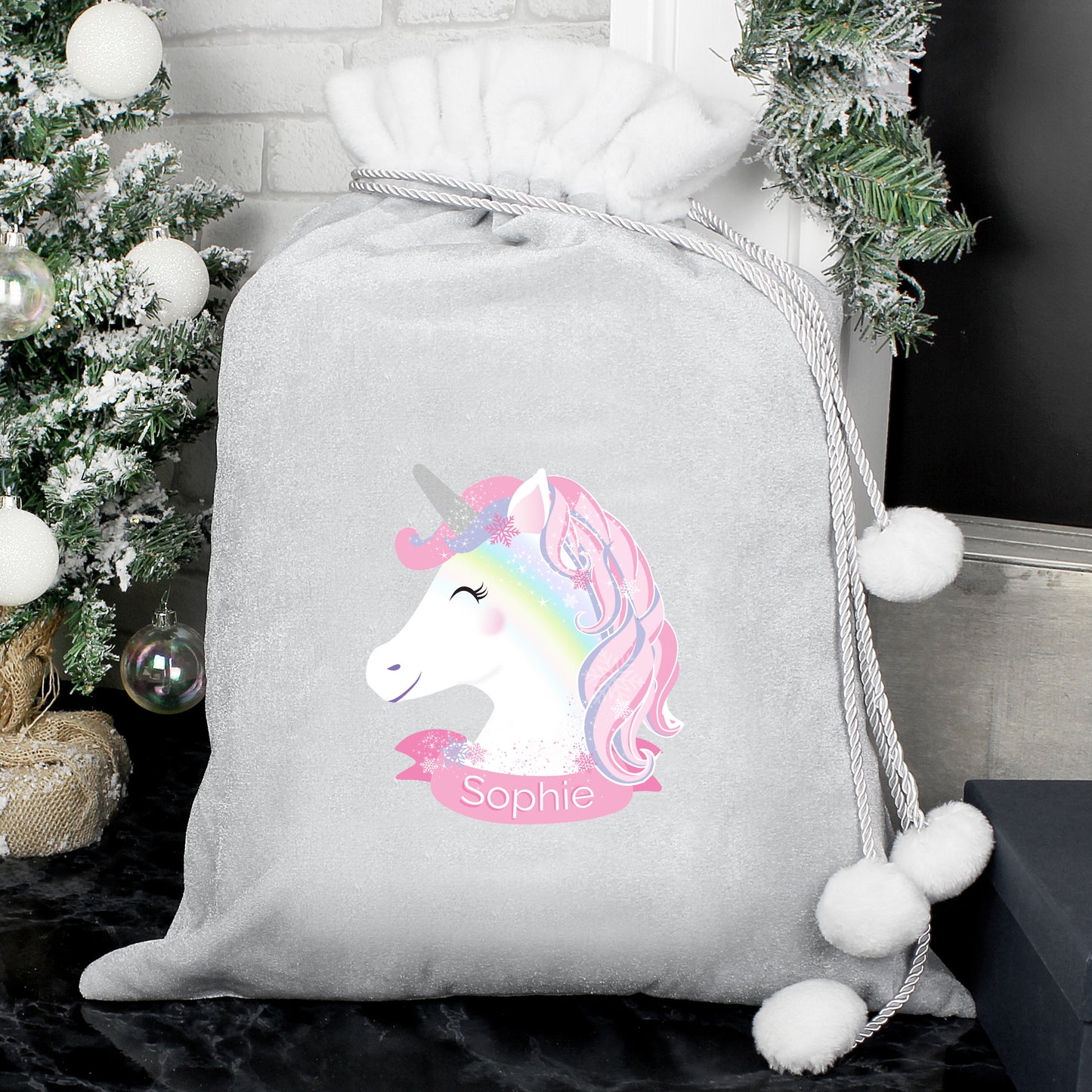 Personalised Christmas Unicorn Luxury Silver Grey Pom Pom Sack