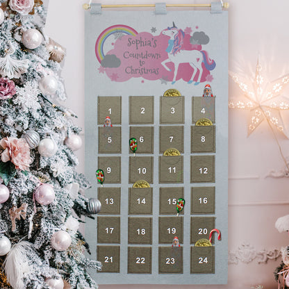 Personalised Christmas Unicorn Advent Calendar In Silver Grey